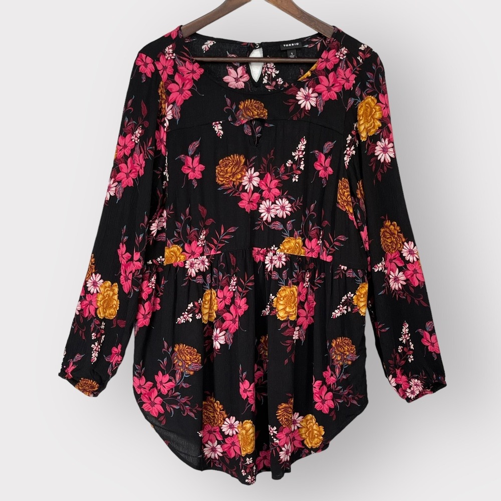 Torrid Black Pink Floral Rayon Babydoll Peplum Blouse Top Plus Size 1X 12261795